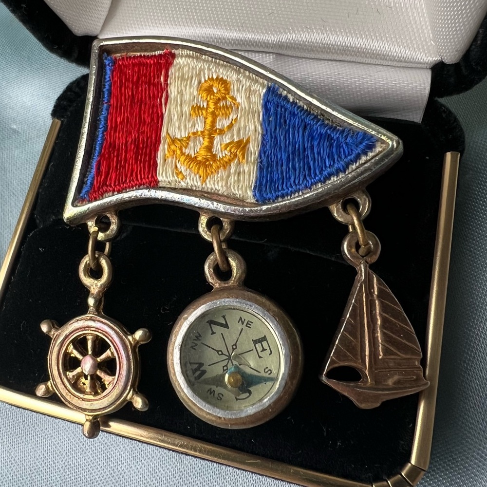Vintage 80’s Nautical Sailboat Brooch Mixed-Metal with Compass & Maritime Charms